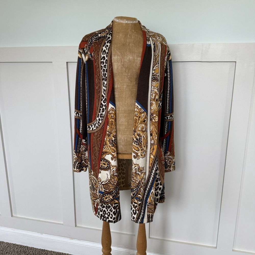 Chicos Duster Cardigan Sz 2 Large Baroque Print Mature Money Open Front Career